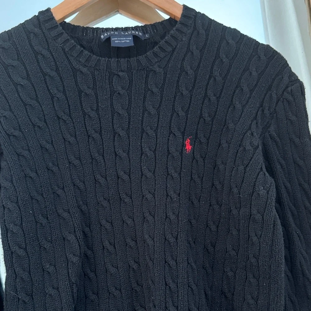 Polo by Ralph Lauren Black Cable-Knit Crewneck Sweater with Red Pony - Picture 3 of 5